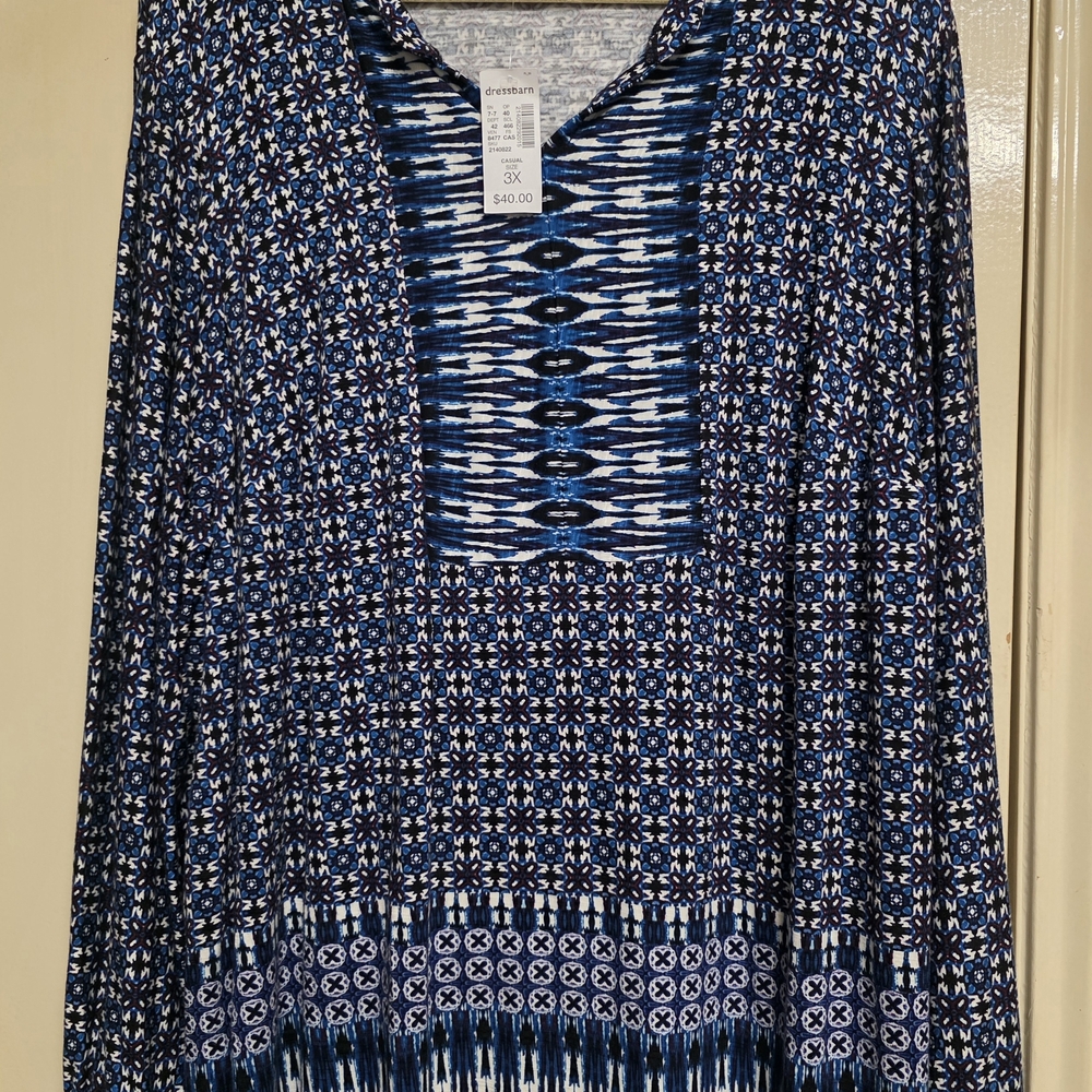 Dress Barn Blue and White Geometric Blouse